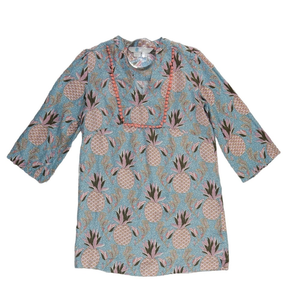 Boden 100% Linen Tunic Dress Women's Size 6 6R Blue Pink Pineapple Pom Pom